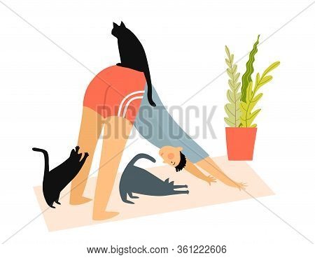 Man With Cats Doing Yoga Downward-facing Dog Pose Or Asana At Home, Humorous Fitness Motivation Cart