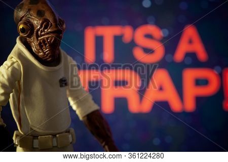 APRIL 13 2020: Star Wars Admiral Ackbar with his famous quote 'ITS A TRAP!' from Return of the Jedi - Hasbro action figures
