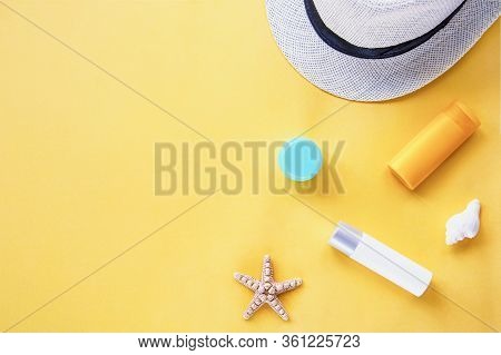 Sunprotection Products, Suscreen. Natural Cosmetics Spf For Face And Body. Summer Travel Vacation Co
