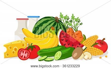 Pile Food Of Vegetables, Fruits And Dairy Products On White Background