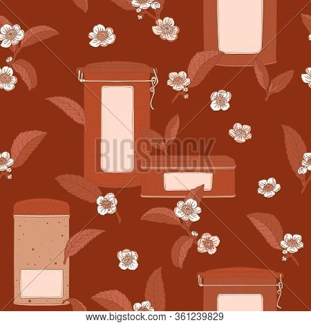 Tea Metallic Boxes And Flowers Dark Brown Seamless Pattern