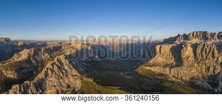Aerial View Of Pizes De Cir Mountain Range, Gardena Pass And Sella Group, South Tyrol, Italy