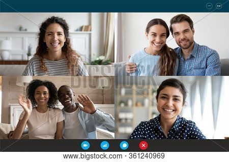 Laptop Screen View Four Multiethnic Families Contacting Distantly By Videoconference