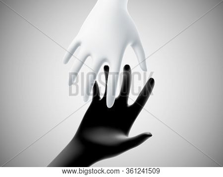 Two 3d Hands Taking Each Other On White Background. Concept Of Help, Charity, Business Assistance An