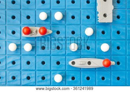 Battleship, Board Game. Sea Battle. Toy Ships On A Plastic Board. Perfect Hit. Victory Or Defeat. St