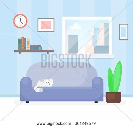 Living Room Interior Design With Furniture. Flat Style Vector Illustration