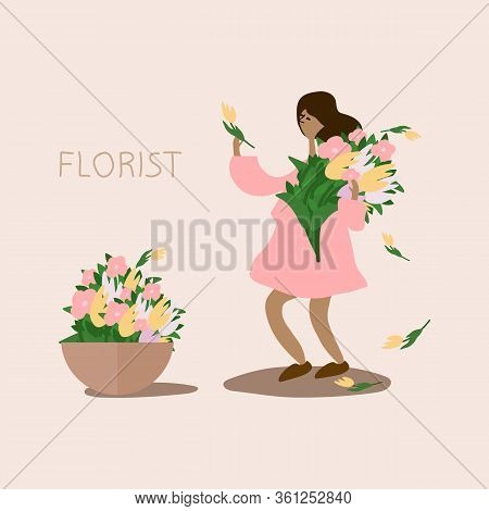 Florist Is A Creative Profession. Bouquet, Beautiful Multi-colored Flowers. Cache-pot. Girl Collects