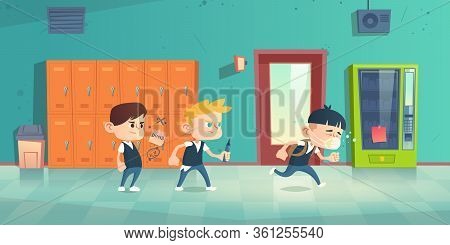 Students Bullied Sad Asian Boy In Medical Mask. School Discrimination And Xenophobia Concept. Vector