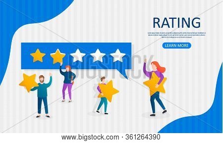 Different People Give Feedback Ratings And Reviews.characters Hold Stars Above Their Heads.evaluatio