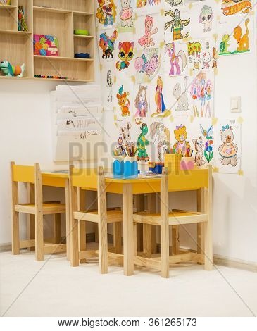 Kremenchuk, Ukraine : February 16, 2020 - Childrens Room In The Entertainment Center. Drawings On Th