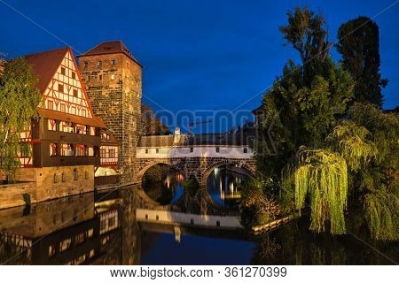 Nuremberg city houses on riverside of Pegnitz river from Maxbrucke (Max bridge). Nuremberg, Franconia, Bavaria, Germany