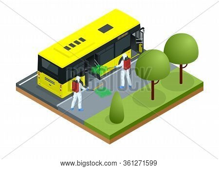 Isometric Man Wearing A Protective Suit Disinfects Bus And Bus Stop With A Spray Gun. Virus Pandemic