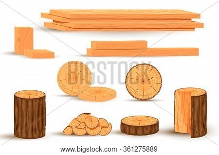 Timber Set. Stacked Timbers And Firewood Logs, Forest Trees Objects And Wood Lumber Production Carto