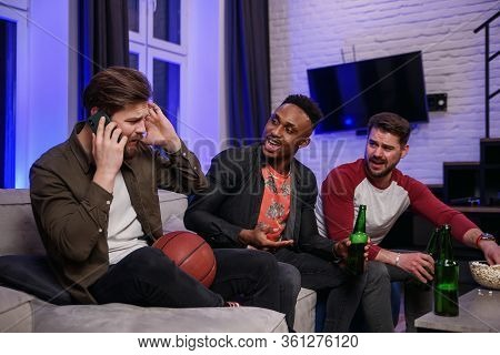 Fierce Noisy Likable 30s Multiracial Male Friends Encouraging With Shouts Their Favourite Football T