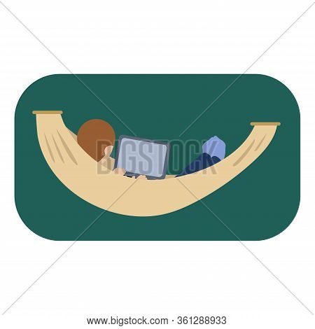 Man Businessman Sitting In Hammock And Working With His Laptop Computer. Home Is Best Place For Work