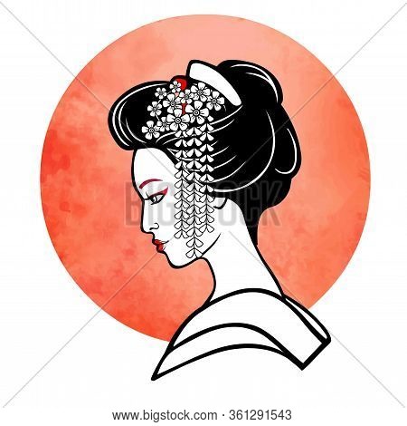 Realistic Portrait Of The Young Japanese Girl An Ancient Hairstyle. Geisha, Maiko, Princess. Backgro