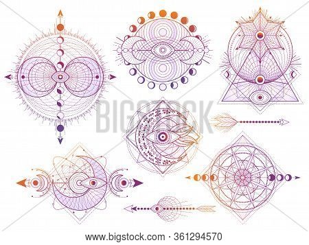 Vector Set Of Sacred Geometry Symbols With Moon, Sun, Eye And Arrows On White Background. Abstract M