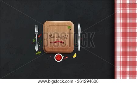 Table With A Checkered Tablecloth View From Above. Bon Appetit Lettering. Kitchen Table. Table Setti