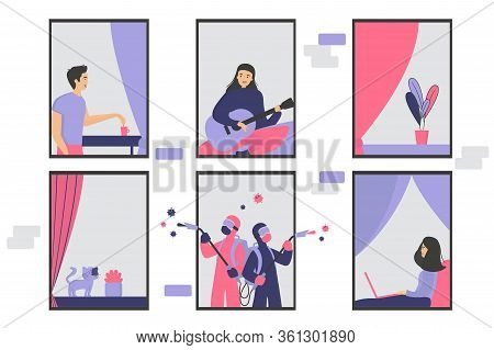 Neighbor Men, Women And Cat Enjoying Leisure Time In Their Apartments. Building Facade With Windows 