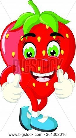 Funny Red Strawbery Wear White Gloves And Blue Shoes With Thumb Up Hands Cartoon