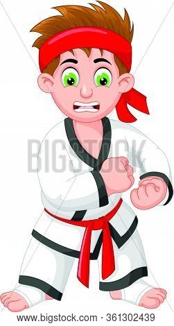 Handsome Karateka Boy In White Suit Cartoon For Your Design