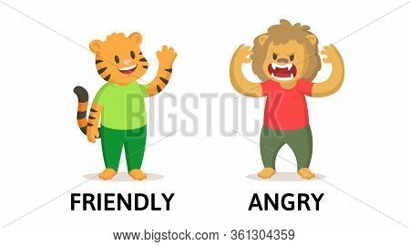 Words Friendly And Angry Flashcard With Cartoon Animal Characters. Opposite Adjectives Explanation C
