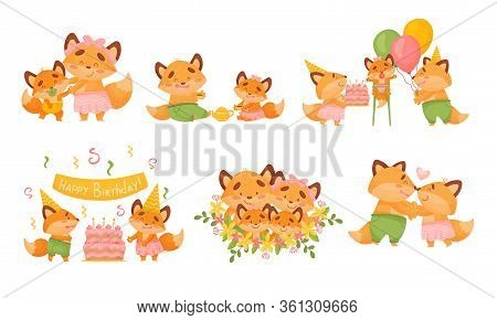 Happy Fox Family Celebrating Birthday Of Their Little Cubs Vector Set