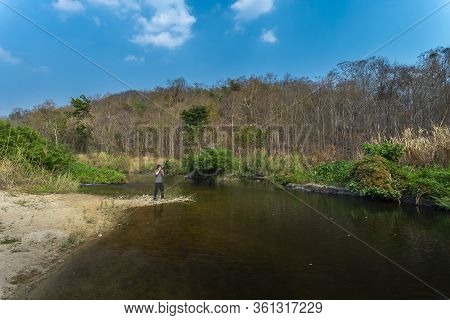 Tropical Forest And Waterfall Dry Season At Maewong National Park, Thailand.