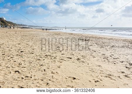 Sandy Bournemount Beach In Spring, View Of The Blue Sea, Selective Focus
