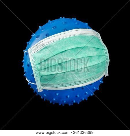 Picture Of A Symbolic Blue Virus Wearing A Face Mask In Black Back