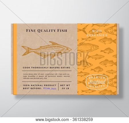 Fish Pattern Realistic Cardboard Container. Abstract Vector Seafood Packaging Design Or Label. Moder