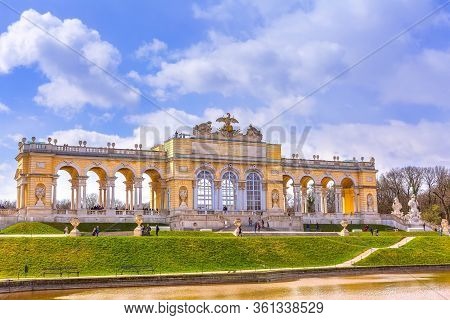 Vienna, Austia - April 3, 2015: The Gloriette In The Schonbrunn Palace Garden Against The Cloudy Blu