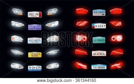 Various Types Car Auto Headlights Taillights Vehicle Registration Licence Number Plates Realistic Se
