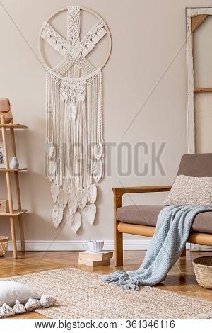 Stylish Interior Design Of Living Room At Cozy Apartment With Brown Sofa, Coffee Table, Wooden Cube,