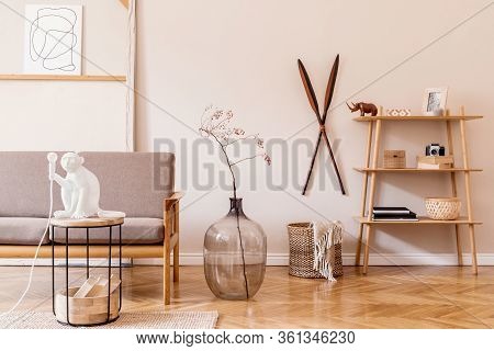 Stylish Interior Design Of Living Room At Cozy Apartment With Brown Sofa, Coffee Table, Wooden Cube,