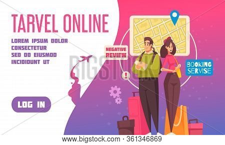 Flat Travel Booking Landing Page With Links Headline And Log In Button Vector Illustration