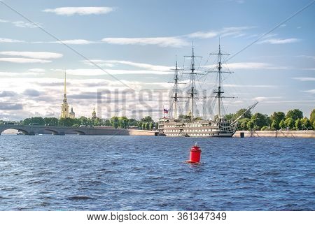 St. Petersburg, Russia, Summer 2019: View From The Neva River To The Frigate Grace, Tuchkov Bridge A