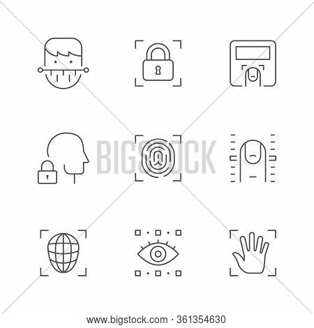Set Line Icons Of Biometry Isolated On White. Biometric Identification, Face Recognition, Touch Id, 