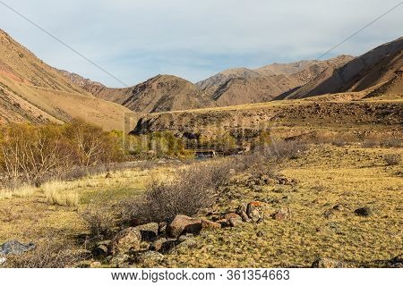 A Gorge In The Mountains With A River. Kokemeren River In Jumgal District Of Naryn Province Of Kyrgy