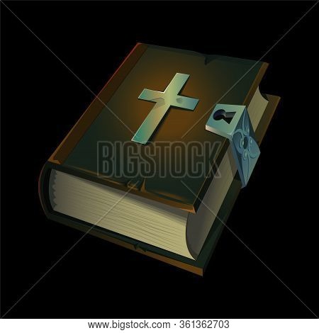 Old Holy Bible Book Icon With Metal Christian Cross On It. Vector Illustration For Game Design. Medi