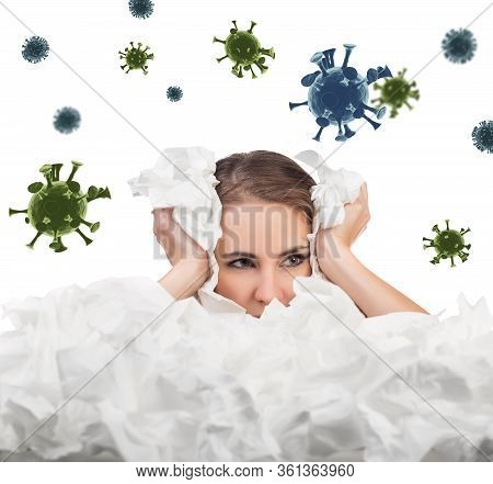 Young Woman With A Lot Of Hankys Among Coronavirus Cells. Isolated On White Background.