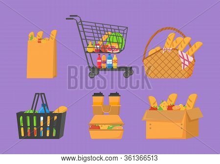 Shopping Trolley Full Of Food, Fruit, Products And Grocery Goods.shopping Basket With Fresh Food And