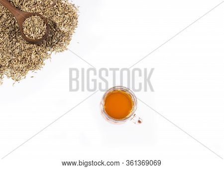 Infusion Of Fennel Seeds - Foeniculum Vulgare. White Background