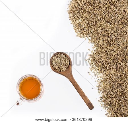Infusion Of Fennel Seeds - Foeniculum Vulgare. White Background