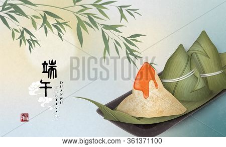Happy Dragon Boat Festival Background Template Traditional Food Rice Dumpling And Bamboo Leaf. Chine