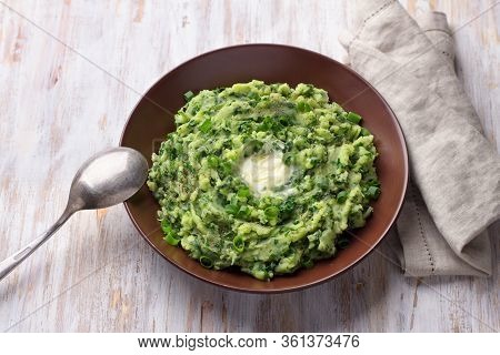 Colcannon, Mashed Potatoes With Cale Cabbage And Green Onions, Traditional Irish Dish, On A Light Wo