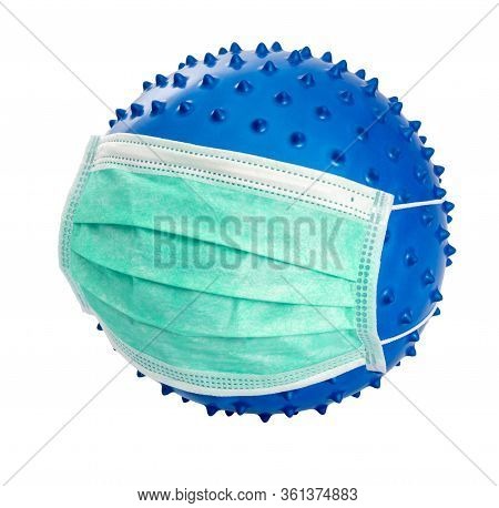 Picture Of A Symbolic Blue Virus Wearing A Face Mask In White Back