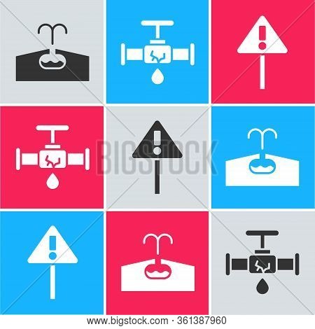 Set Oilfield, Broken Pipe With Leaking Water And Exclamation Mark In Triangle Icon. Vector