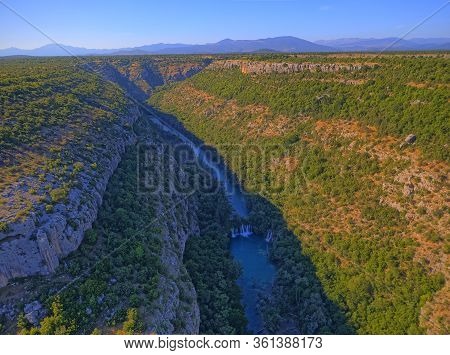 Aerial View Of The Canyon Of Waterfall Located In Promina County At Dalmatian Zagora In Croatian Nat