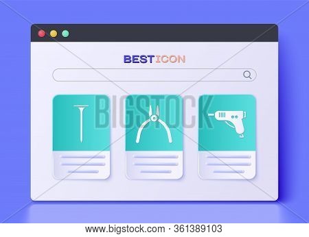 Set Pliers Tool, Metallic Nail And Electric Hot Glue Gun Icon. Vector